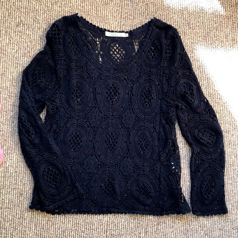 Solitaire Crochet Lace Dark Navy Sweater Size Medium
